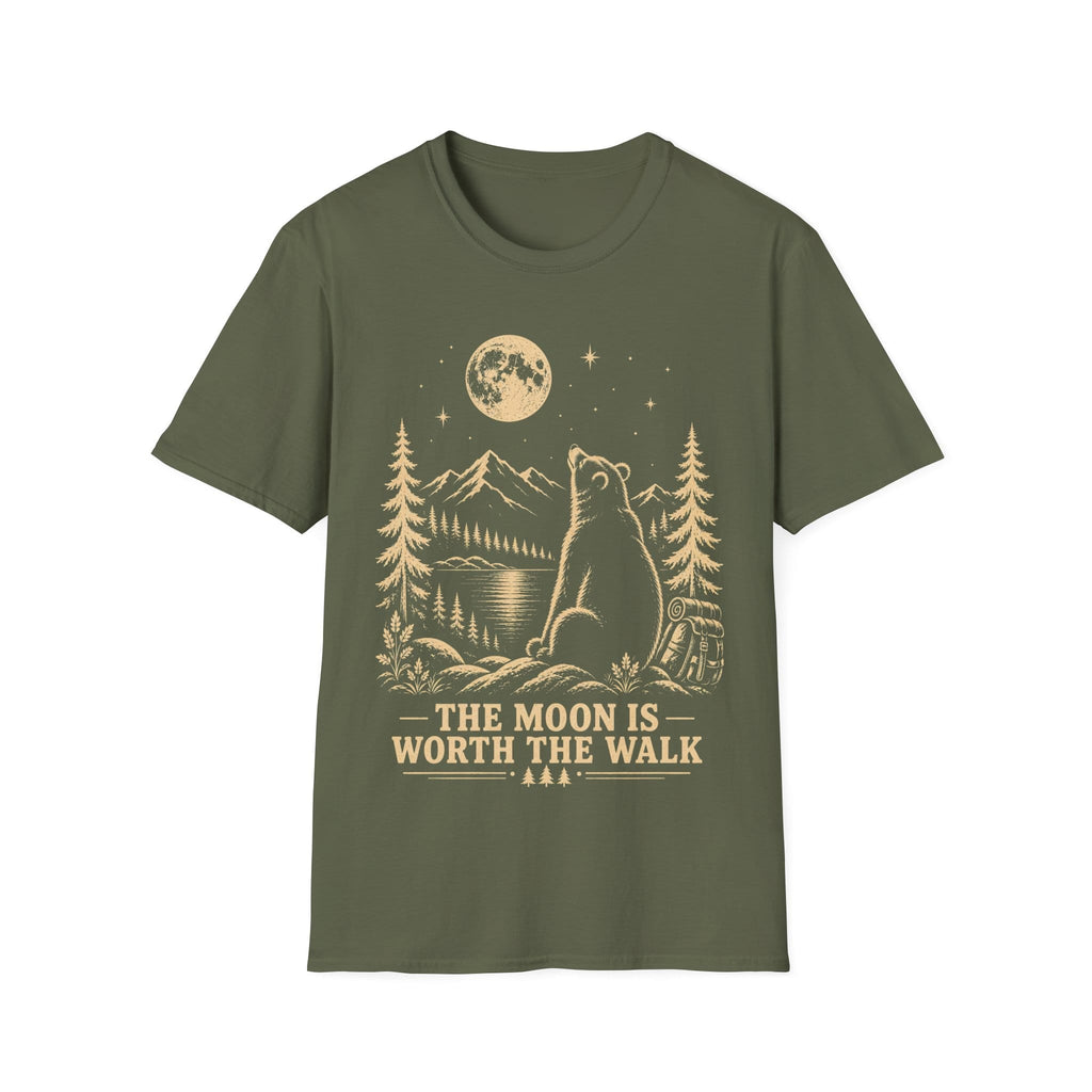 Vintage linocut-style illustration of a bear sitting beside a backpack, gazing up at a full moon over mountains and pine trees with text reading 'THE MOON IS WORTH THE WALK'.
