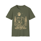 Vintage linocut-style illustration of a bear sitting beside a backpack, gazing up at a full moon over mountains and pine trees with text reading 'THE MOON IS WORTH THE WALK'.