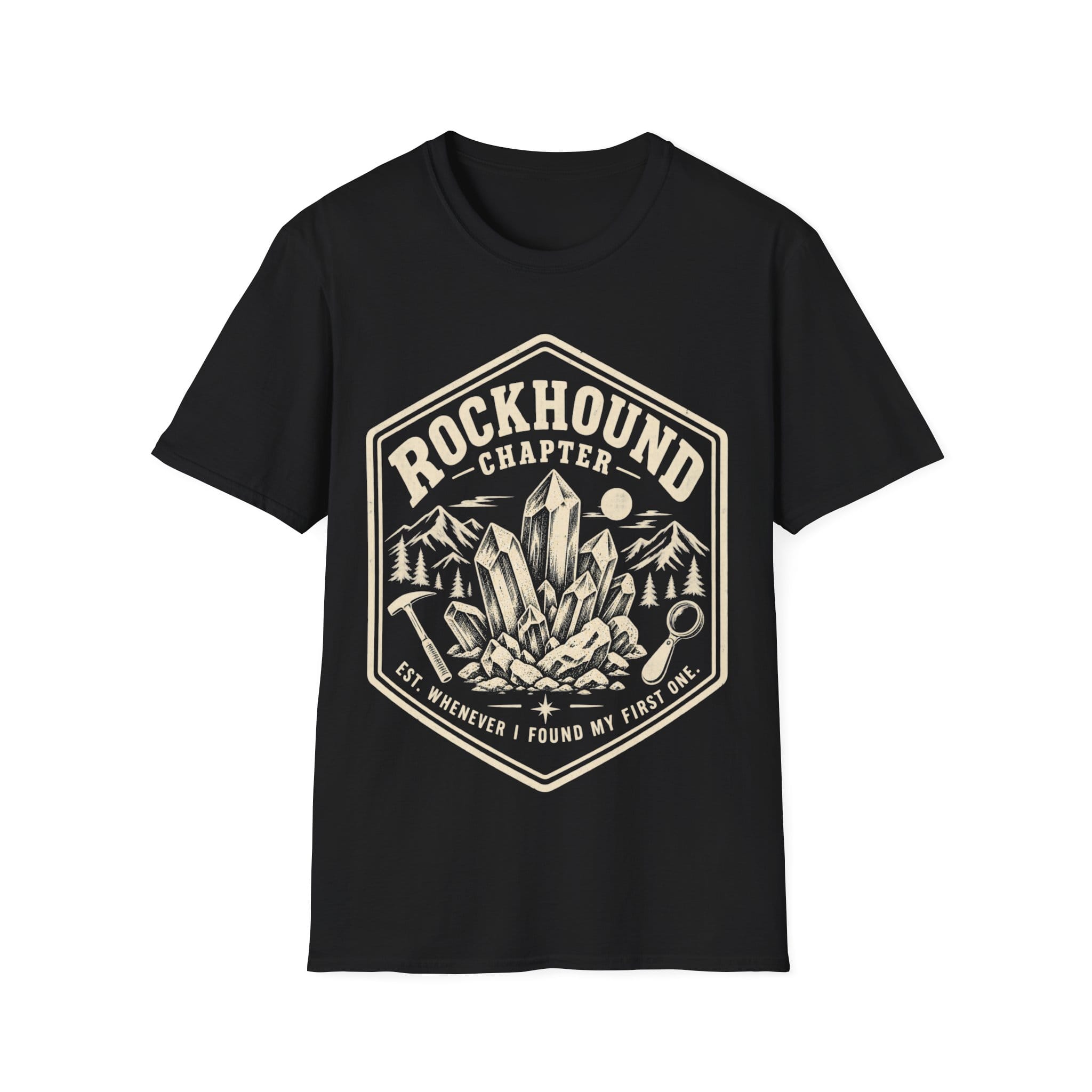 Vintage badge design featuring mineral crystals, a rock hammer, and a magnifying glass framed by mountains, with text reading 'ROCKHOUND CHAPTER - EST. WHENEVER I FOUND MY FIRST ONE.'