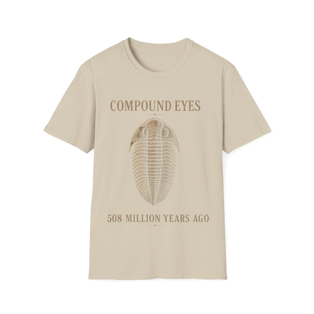 Vintage stipple engraving illustration of a trilobite specimen centered between serif text reading 'COMPOUND EYES' and '508 MILLION YEARS AGO'.