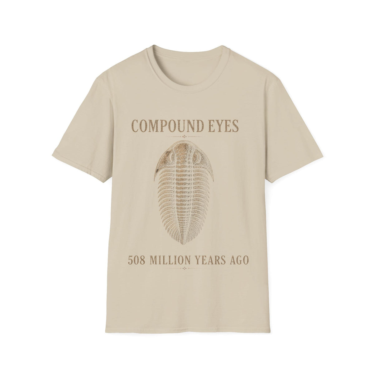 Vintage stipple engraving illustration of a trilobite specimen centered between serif text reading 'COMPOUND EYES' and '508 MILLION YEARS AGO'.