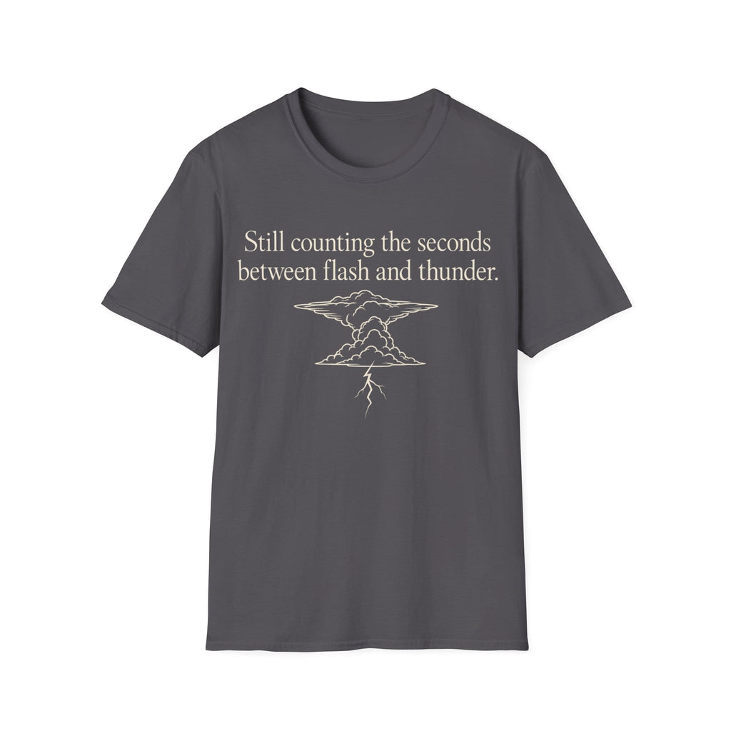 Minimalist serif text reading 'Still counting the seconds between flash and thunder.' positioned above a line art illustration of a storm cloud with a lightning bolt.