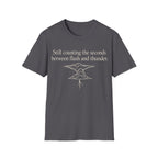 Minimalist serif text reading 'Still counting the seconds between flash and thunder.' positioned above a line art illustration of a storm cloud with a lightning bolt.