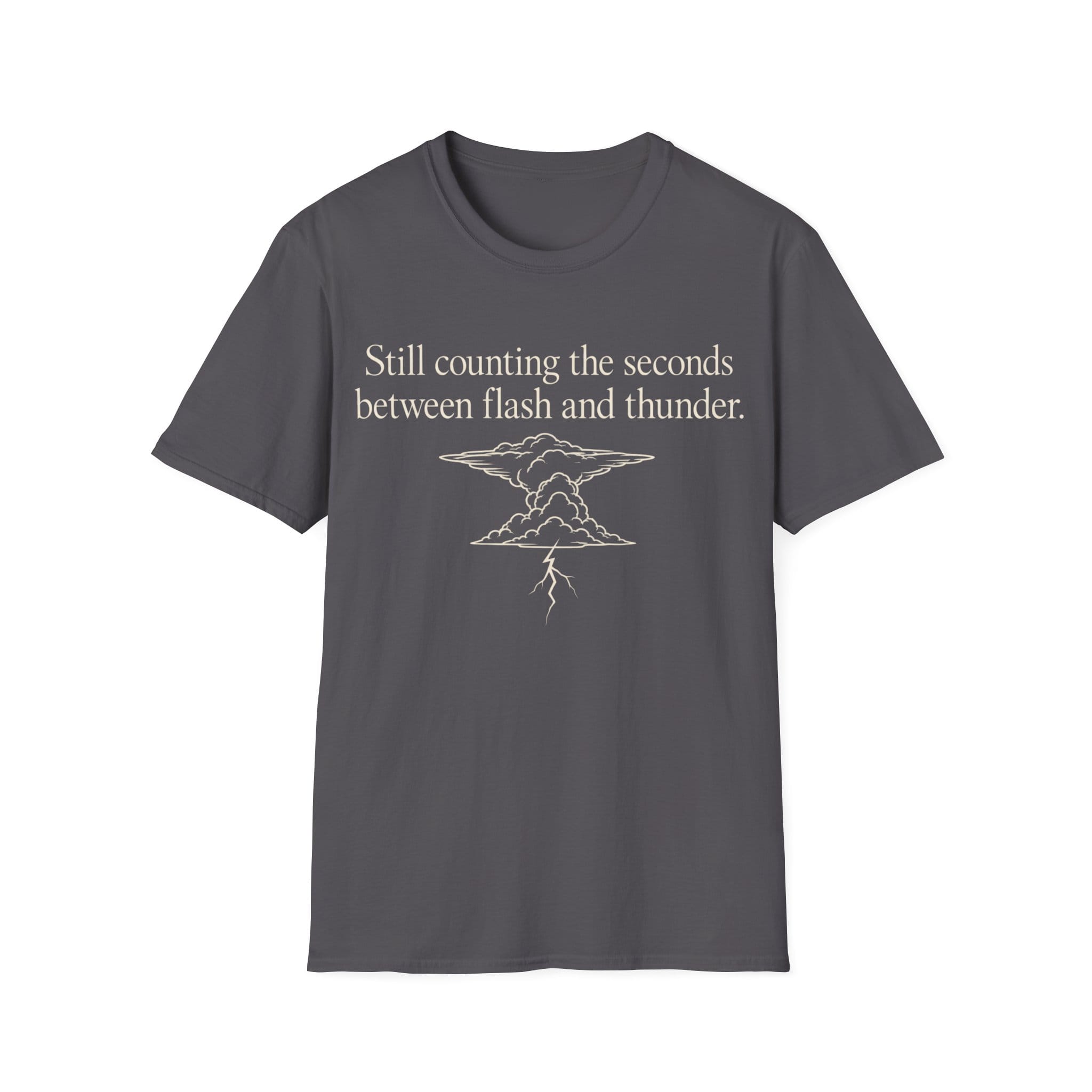 Minimalist serif text reading 'Still counting the seconds between flash and thunder.' positioned above a line art illustration of a storm cloud with a lightning bolt.