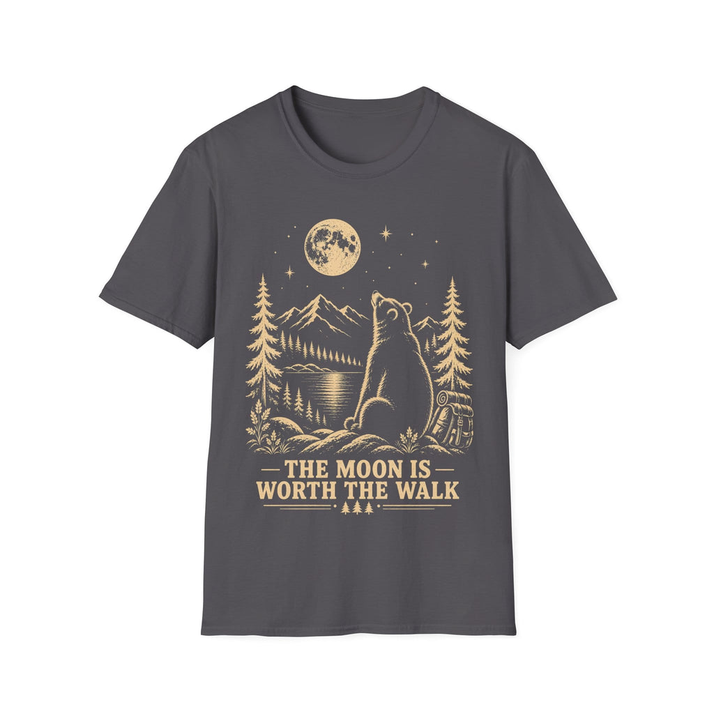 Vintage linocut-style illustration of a bear sitting beside a backpack, gazing up at a full moon over mountains and pine trees with text reading 'THE MOON IS WORTH THE WALK'.