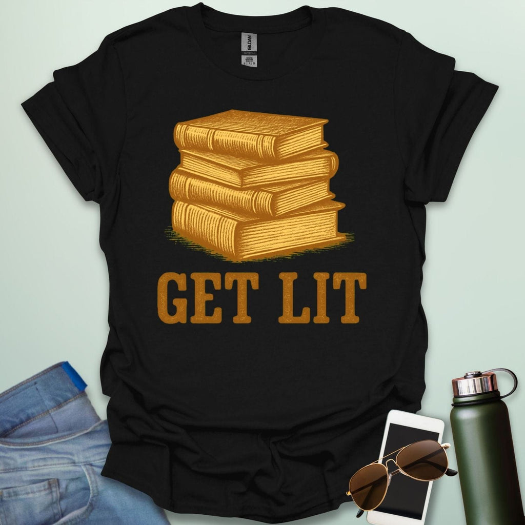 A black t-shirt with an illustration of a stack of books and the text 'GET LIT' below.