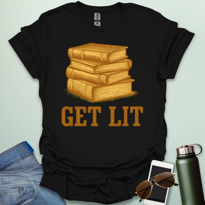 A black t-shirt with an illustration of a stack of books and the text 'GET LIT' below.
