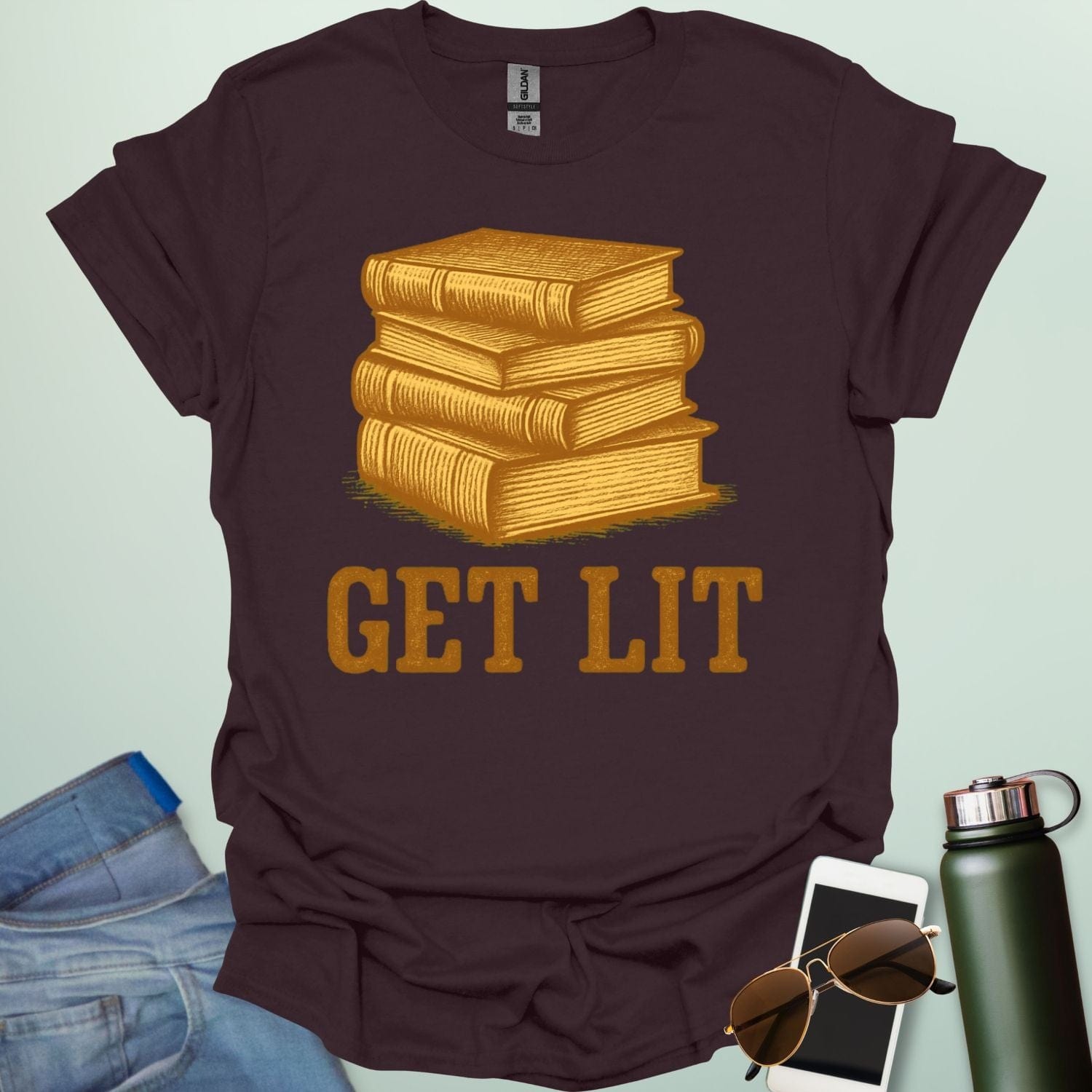 A dark chocolate t-shirt with an illustration of a stack of books and the text 'GET LIT' below.