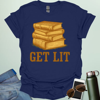 A navy blue t-shirt with an illustration of a stack of books and the text 'GET LIT' below.
