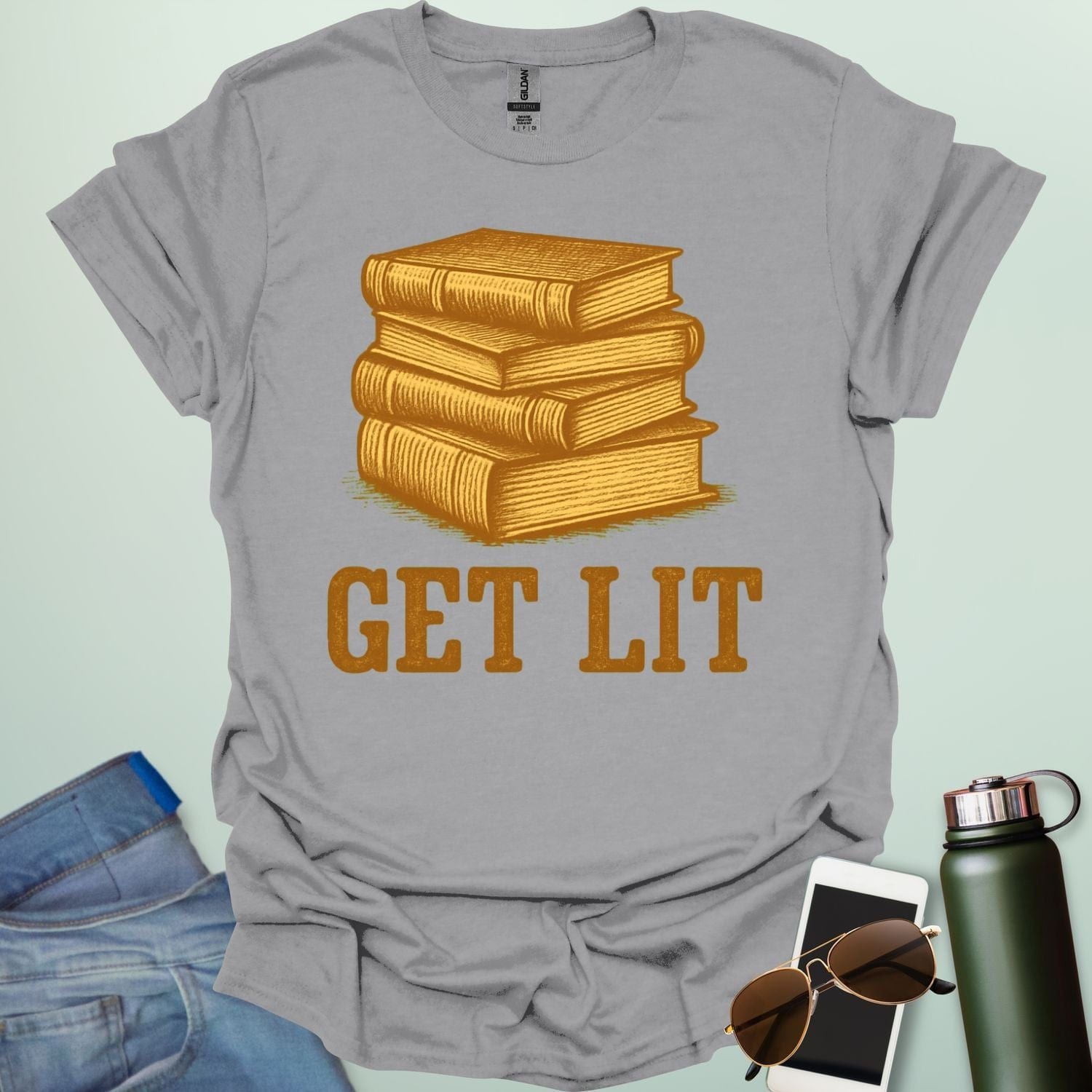 A sport grey t-shirt with an illustration of a stack of books and the text 'GET LIT' below.