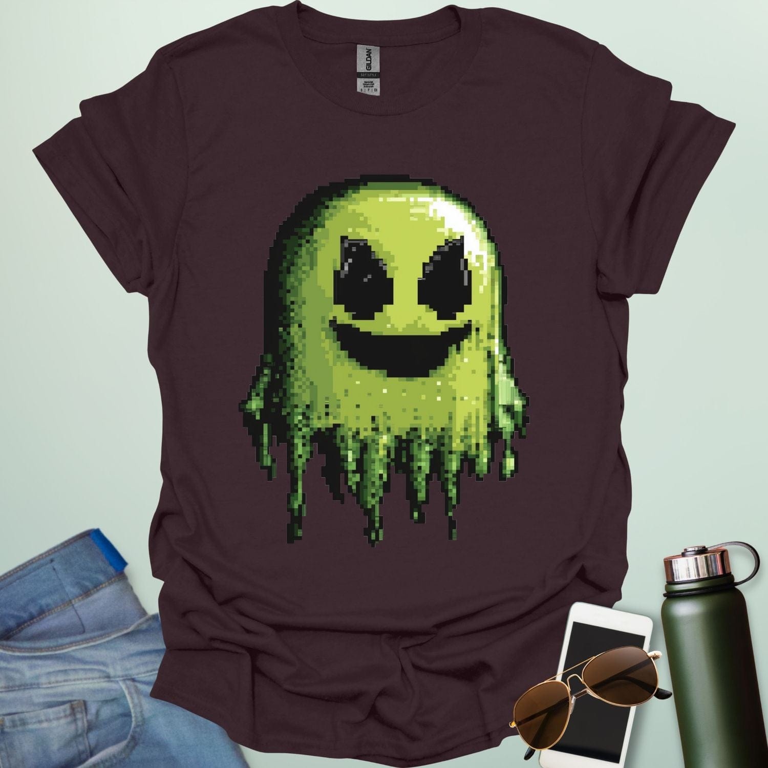 Pixel Ghost t-shirt featuring 8-bit style ghost graphic — a retro video-game inspired design for coders, gamers and lovers of spooky fun.