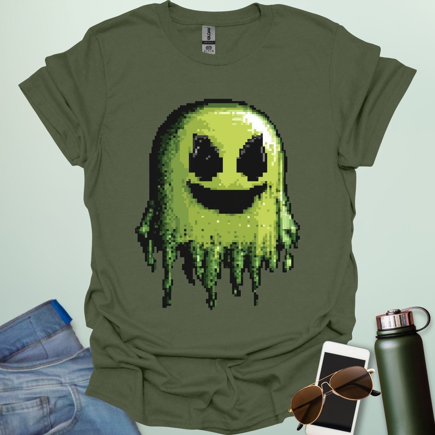 Pixel Ghost t-shirt featuring 8-bit style ghost graphic — a retro video-game inspired design for coders, gamers and lovers of spooky fun.