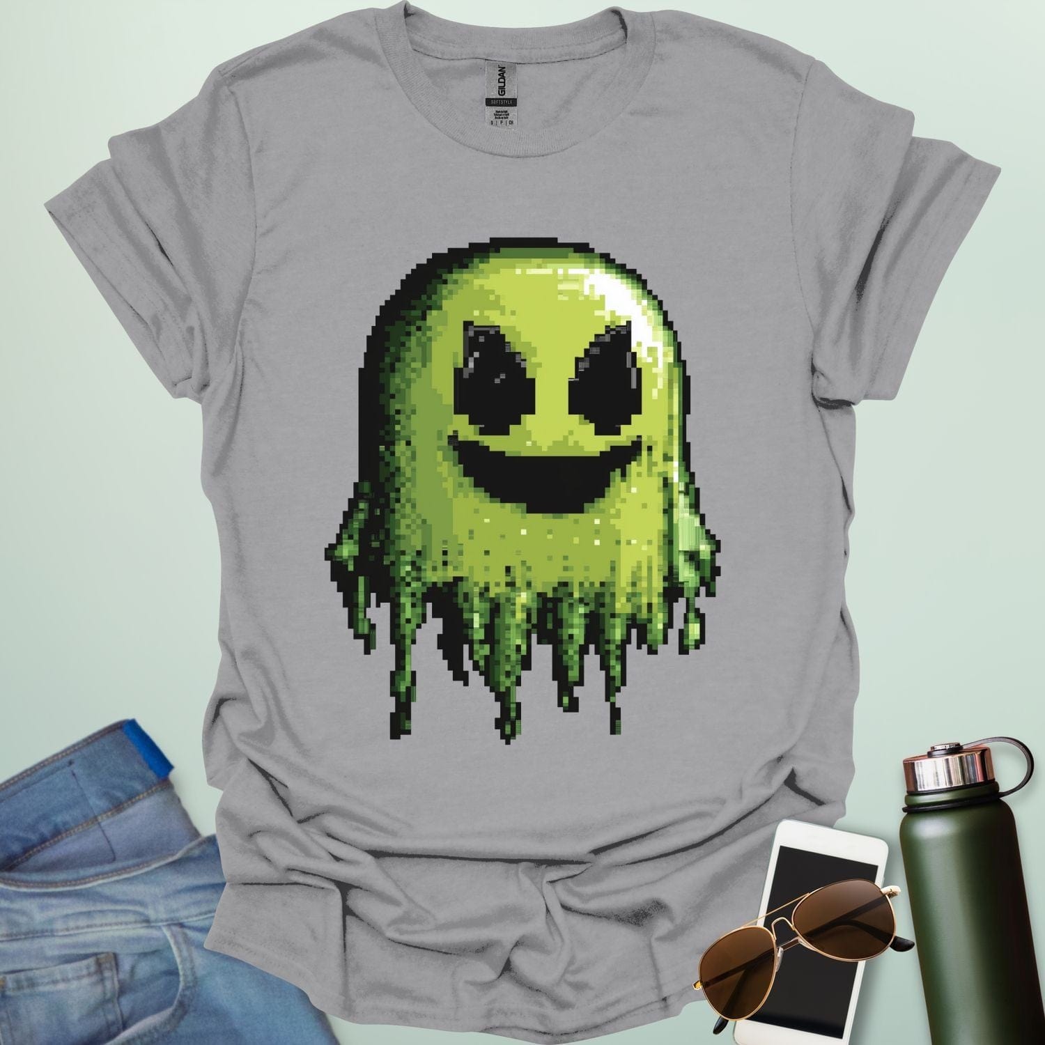Pixel Ghost t-shirt featuring 8-bit style ghost graphic — a retro video-game inspired design for coders, gamers and lovers of spooky fun.