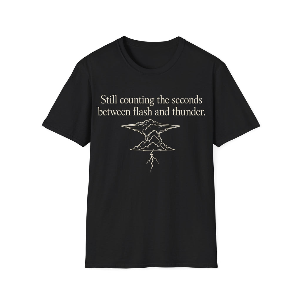 Minimalist serif text reading 'Still counting the seconds between flash and thunder.' positioned above a line art illustration of a storm cloud with a lightning bolt.