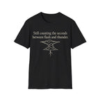 Minimalist serif text reading 'Still counting the seconds between flash and thunder.' positioned above a line art illustration of a storm cloud with a lightning bolt.