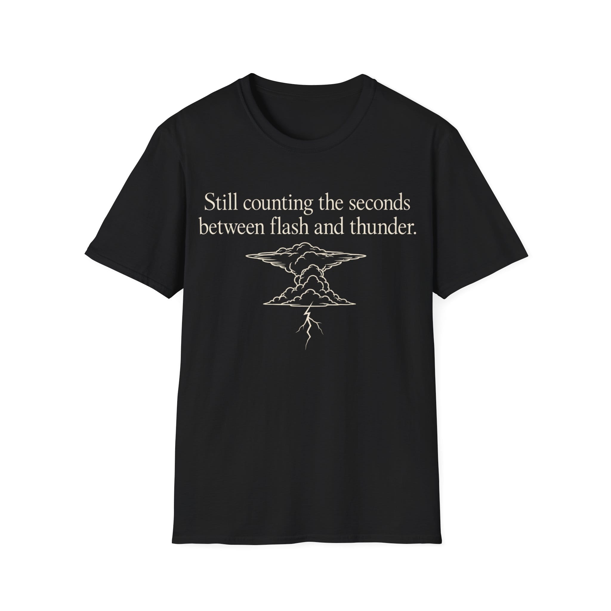 Minimalist serif text reading 'Still counting the seconds between flash and thunder.' positioned above a line art illustration of a storm cloud with a lightning bolt.