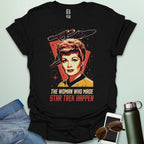 Lucille Ball 'The Woman Who Made Star Trek Happen' t-shirt featuring a vintage-style portrait tribute, celebrating her role as head of Desilu.