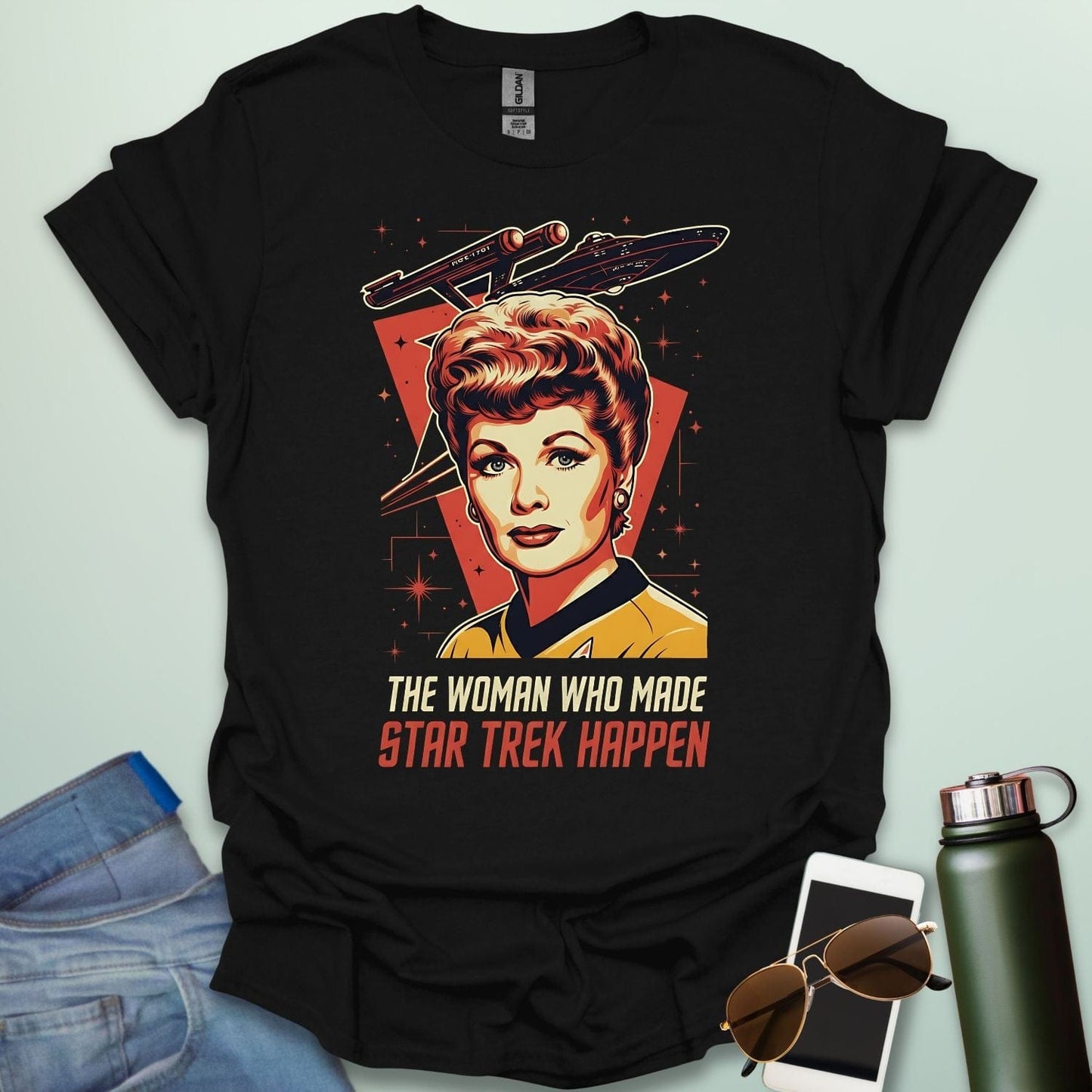 Lucille Ball 'The Woman Who Made Star Trek Happen' t-shirt featuring a vintage-style portrait tribute, celebrating her role as head of Desilu.