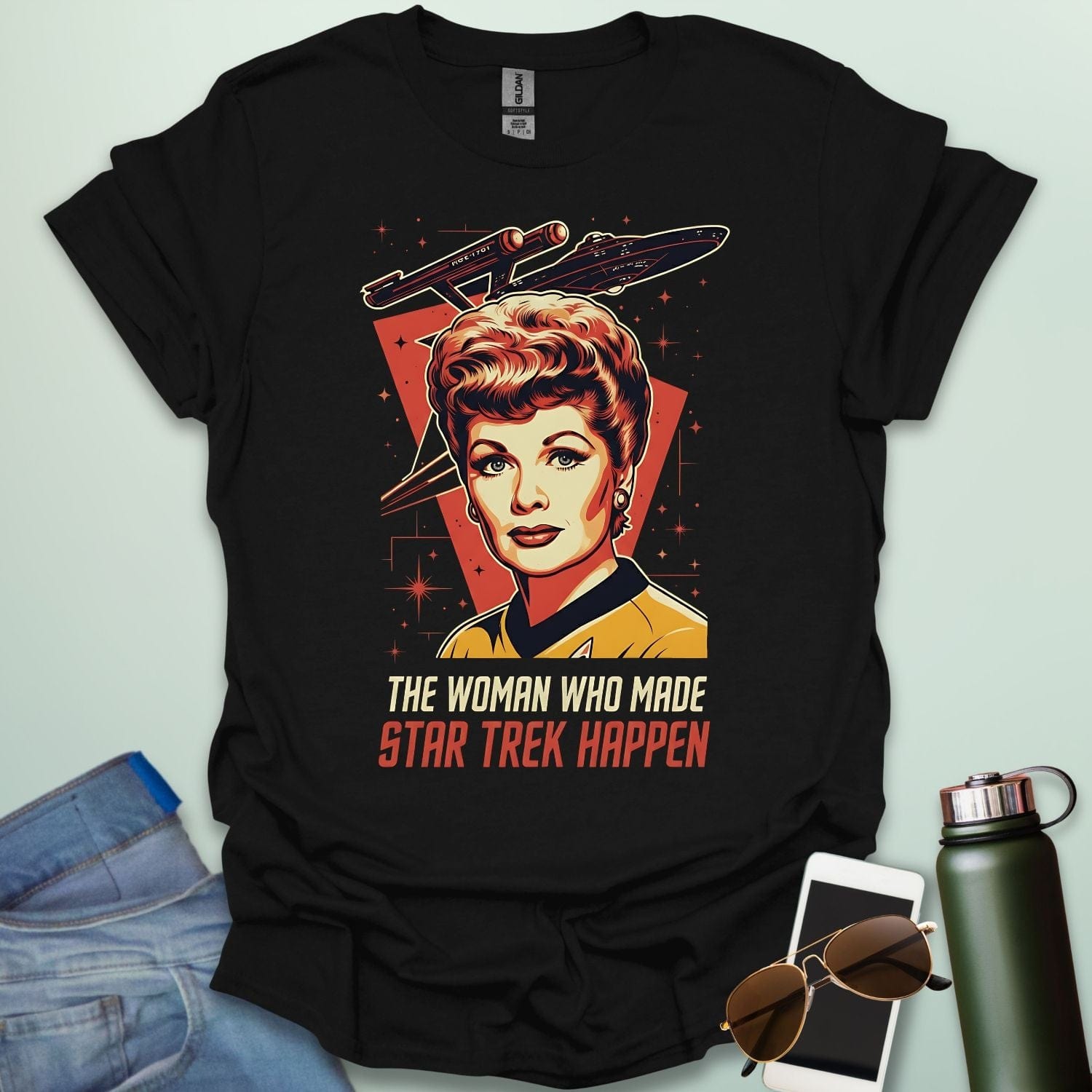 Lucille Ball 'The Woman Who Made Star Trek Happen' t-shirt featuring a vintage-style portrait tribute, celebrating her role as head of Desilu.