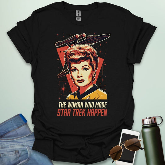 Lucille Ball 'The Woman Who Made Star Trek Happen' t-shirt featuring a vintage-style portrait tribute, celebrating her role as head of Desilu.