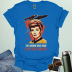 Lucille Ball 'The Woman Who Made Star Trek Happen' t-shirt featuring a vintage-style portrait tribute, celebrating her role as head of Desilu.