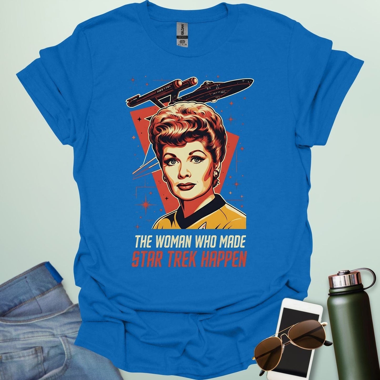 Lucille Ball 'The Woman Who Made Star Trek Happen' t-shirt featuring a vintage-style portrait tribute, celebrating her role as head of Desilu.