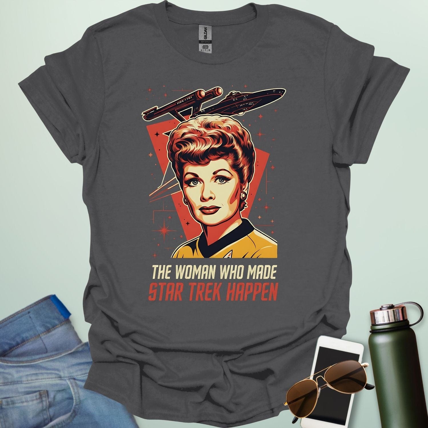 Lucille Ball 'The Woman Who Made Star Trek Happen' t-shirt featuring a vintage-style portrait tribute, celebrating her role as head of Desilu.