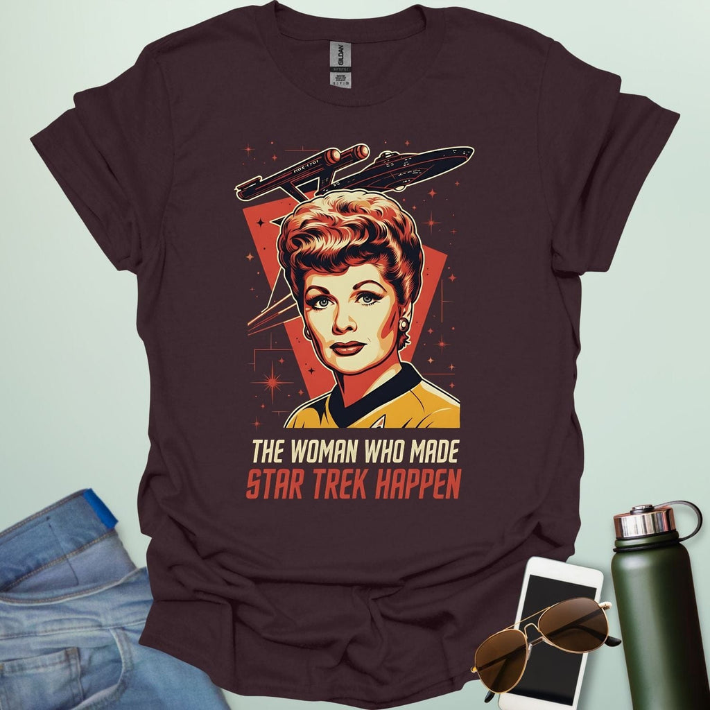 Lucille Ball 'The Woman Who Made Star Trek Happen' t-shirt featuring a vintage-style portrait tribute, celebrating her role as head of Desilu.