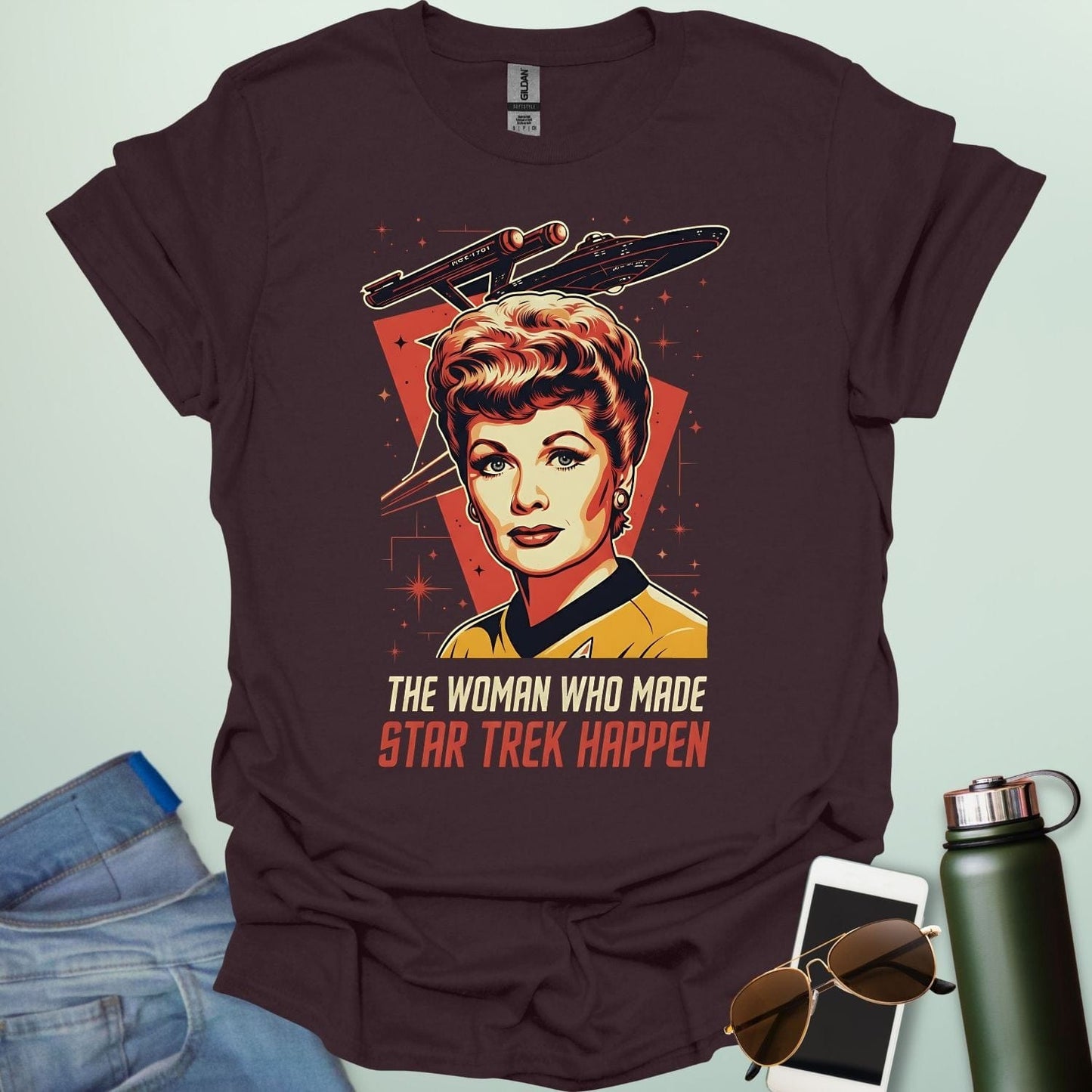 Lucille Ball 'The Woman Who Made Star Trek Happen' t-shirt featuring a vintage-style portrait tribute, celebrating her role as head of Desilu.