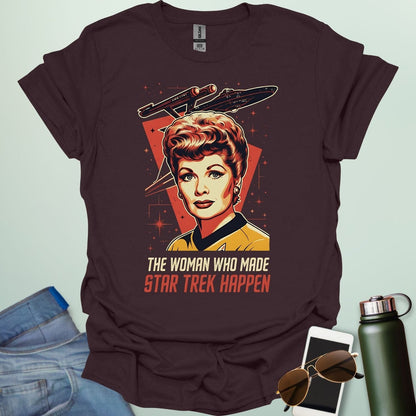 Lucille Ball 'The Woman Who Made Star Trek Happen' t-shirt featuring a vintage-style portrait tribute, celebrating her role as head of Desilu.
