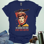 Lucille Ball 'The Woman Who Made Star Trek Happen' t-shirt featuring a vintage-style portrait tribute, celebrating her role as head of Desilu.
