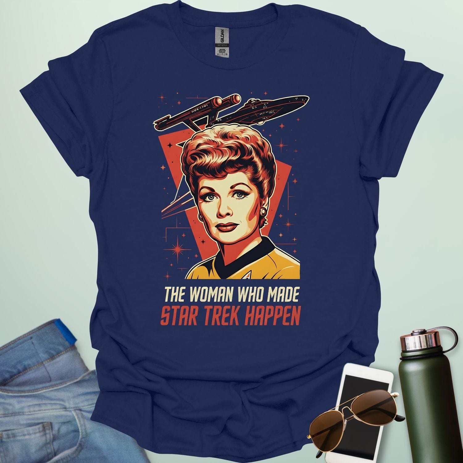 Lucille Ball 'The Woman Who Made Star Trek Happen' t-shirt featuring a vintage-style portrait tribute, celebrating her role as head of Desilu.