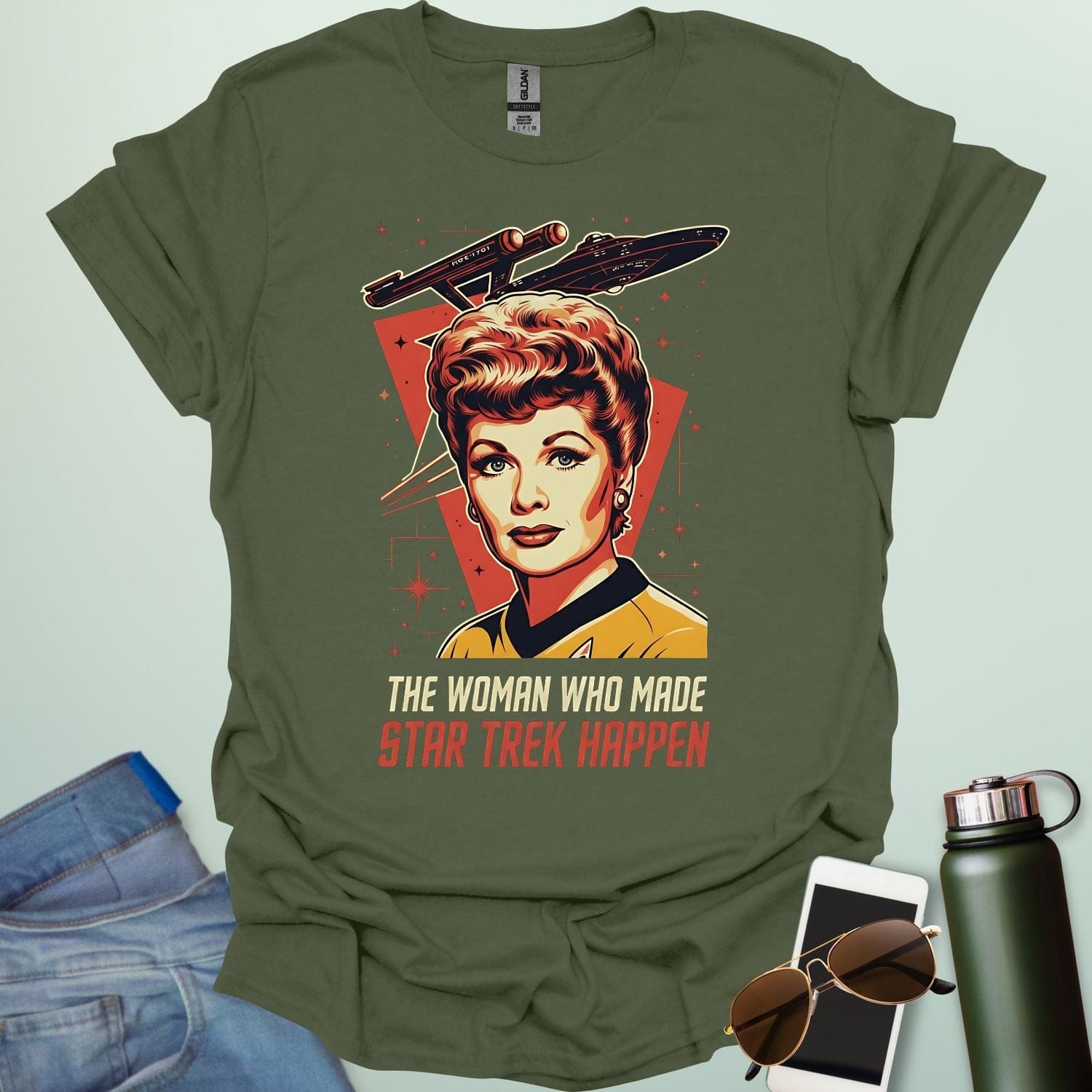 Lucille Ball 'The Woman Who Made Star Trek Happen' t-shirt featuring a vintage-style portrait tribute, celebrating her role as head of Desilu.
