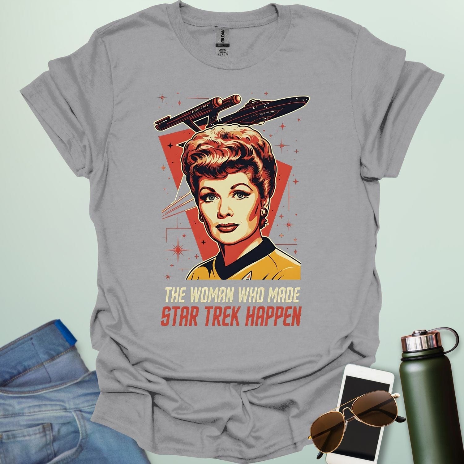 Lucille Ball 'The Woman Who Made Star Trek Happen' t-shirt featuring a vintage-style portrait tribute, celebrating her role as head of Desilu.