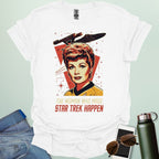 Lucille Ball 'The Woman Who Made Star Trek Happen' t-shirt featuring a vintage-style portrait tribute, celebrating her role as head of Desilu.