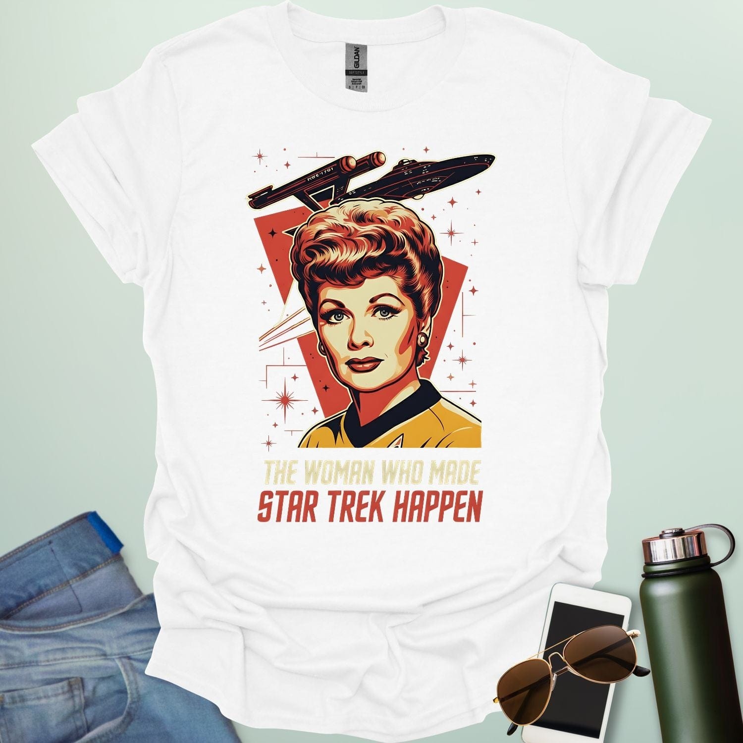 Lucille Ball 'The Woman Who Made Star Trek Happen' t-shirt featuring a vintage-style portrait tribute, celebrating her role as head of Desilu.