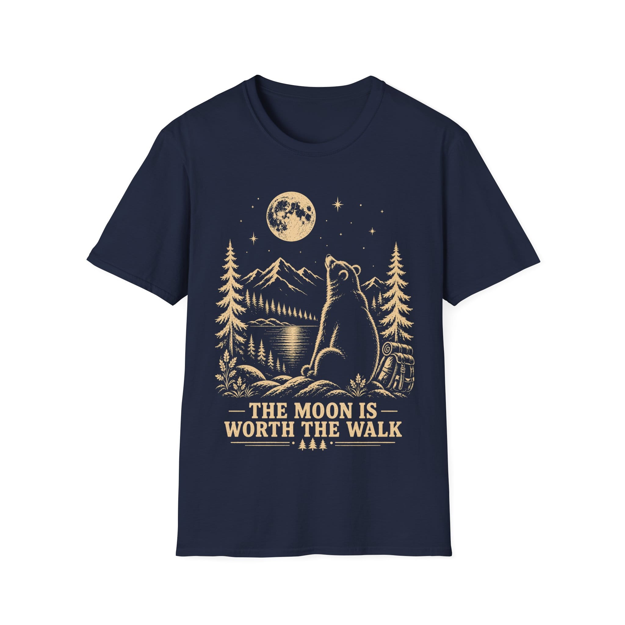 Vintage linocut-style illustration of a bear sitting beside a backpack, gazing up at a full moon over mountains and pine trees with text reading 'THE MOON IS WORTH THE WALK'.