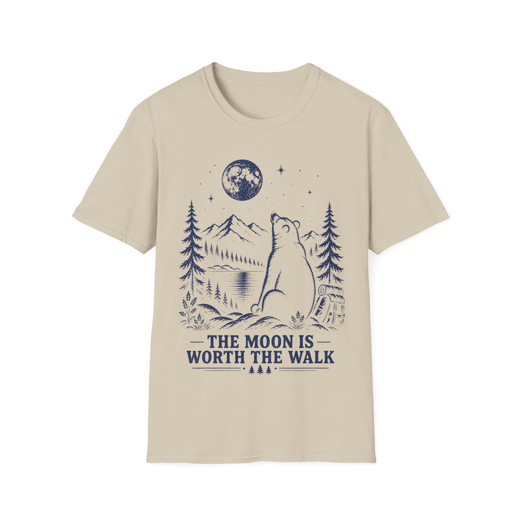 Vintage linocut-style illustration of a bear sitting beside a backpack, gazing up at a full moon over mountains and pine trees with text reading 'THE MOON IS WORTH THE WALK'.