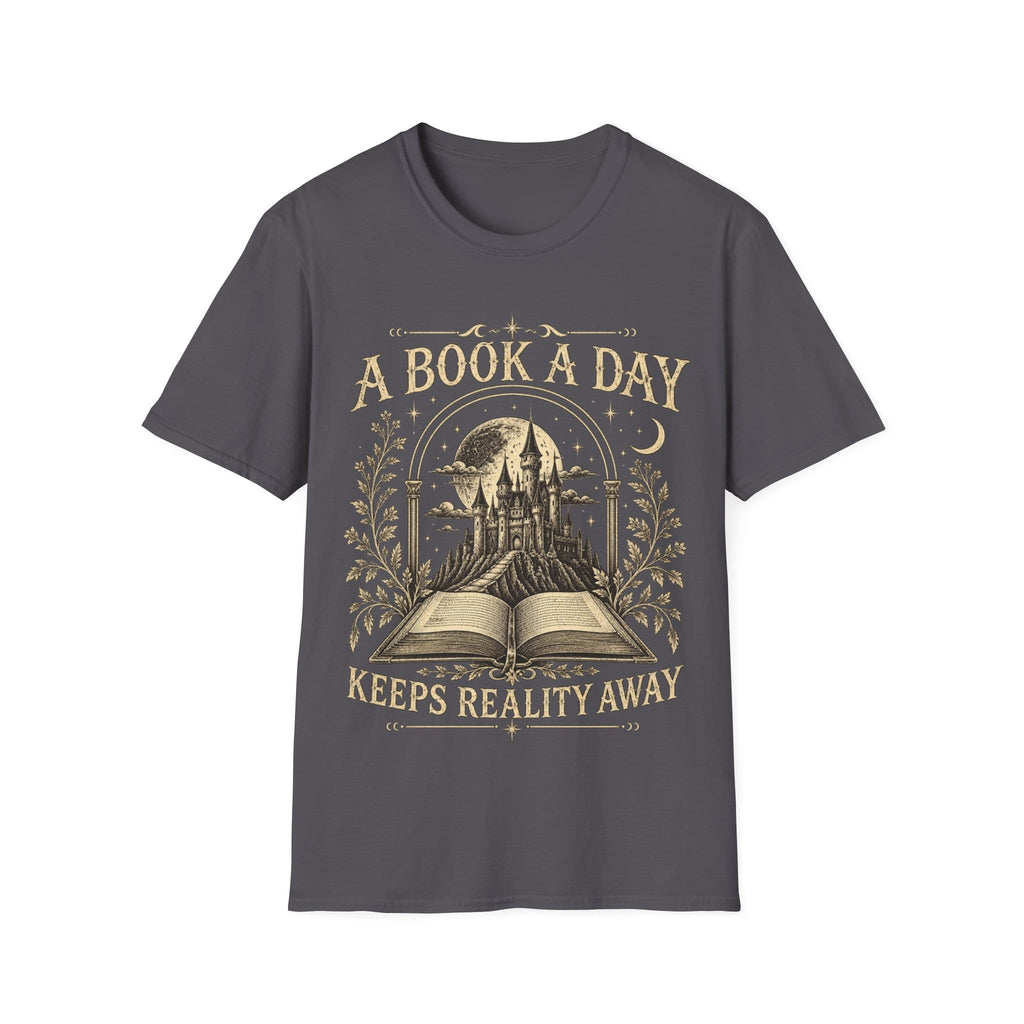 Vintage woodcut-style illustration of an open book revealing a glowing fantasy castle under a starry moonlit sky, framed by 'A BOOK A DAY KEEPS REALITY AWAY'.