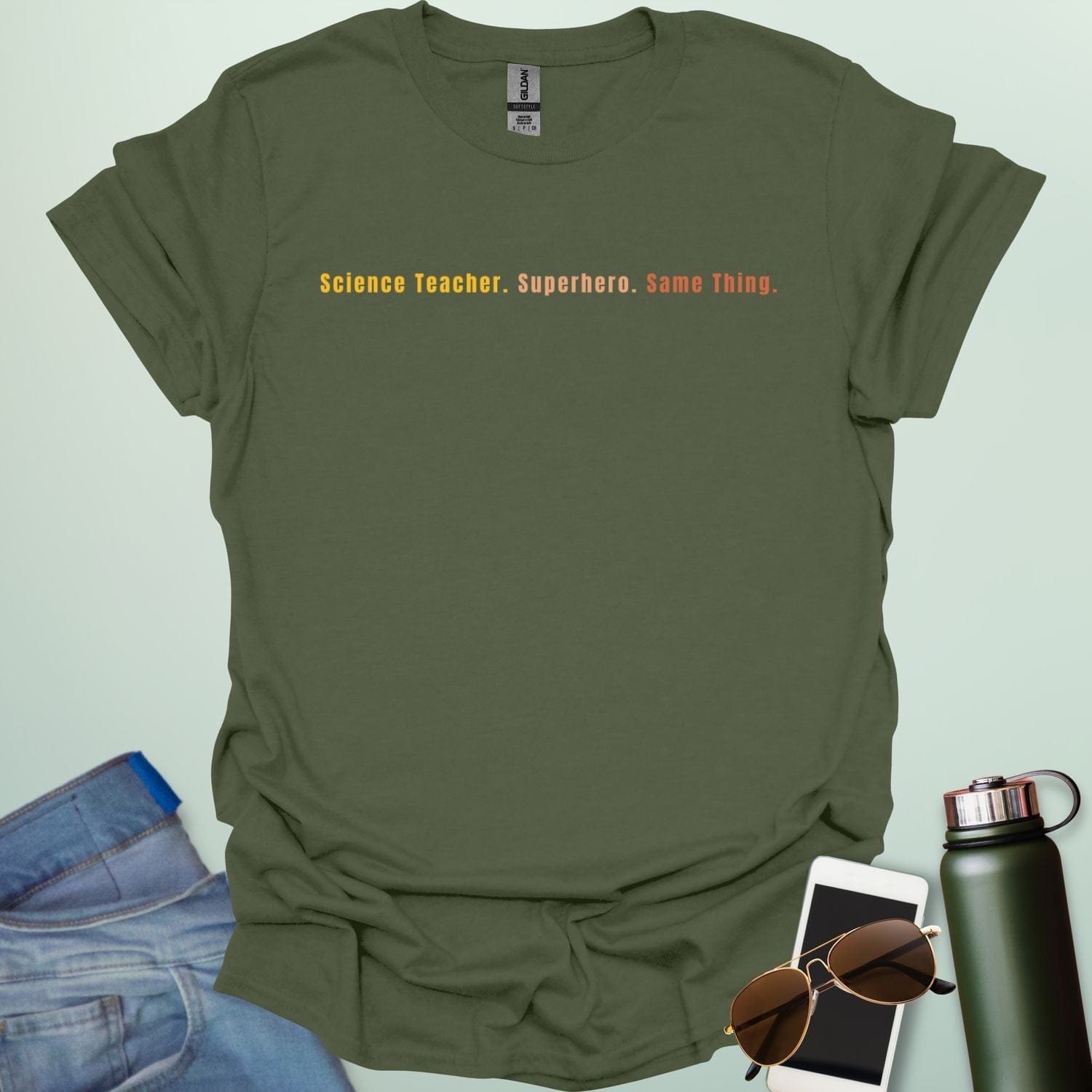 Text design reading “Science Teacher. Superhero. Same Thing.” in bold typeface — funny teacher appreciation STEM t-shirt.