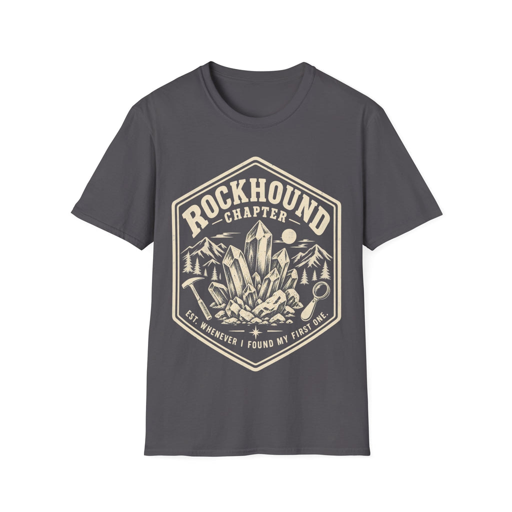 Vintage badge design featuring mineral crystals, a rock hammer, and a magnifying glass framed by mountains, with text reading 'ROCKHOUND CHAPTER - EST. WHENEVER I FOUND MY FIRST ONE.'