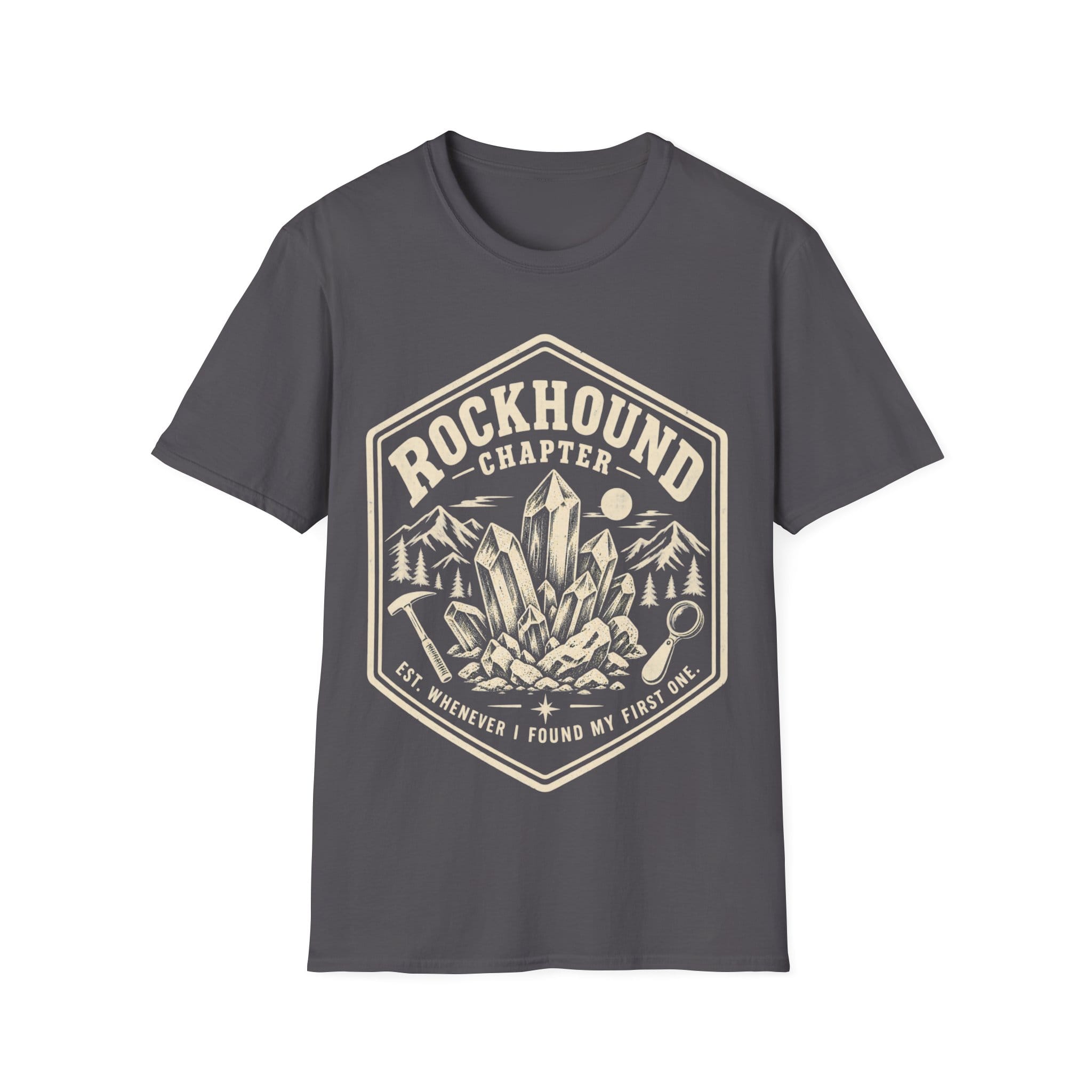 Vintage badge design featuring mineral crystals, a rock hammer, and a magnifying glass framed by mountains, with text reading 'ROCKHOUND CHAPTER - EST. WHENEVER I FOUND MY FIRST ONE.'