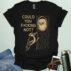 Minimal illustration of an irritated owl peeking from its tree burrow while a woodpecker pecks at the trunk, with bold text reading “COULD YOU F*CKING NOT?” on a dark background.