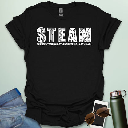 Black tee with the word 'STEAM' with each letter filled with related icons, and the words 'SCIENCE TECHNOLOGY ENGINEERING ART MATH' below.