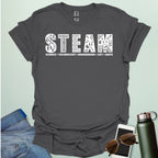 Charcoal gray tee with the word 'STEAM' with each letter filled with related icons, and the words 'SCIENCE TECHNOLOGY ENGINEERING ART MATH' below.