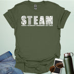 Military green tee with the word 'STEAM' with each letter filled with related icons, and the words 'SCIENCE TECHNOLOGY ENGINEERING ART MATH' below.