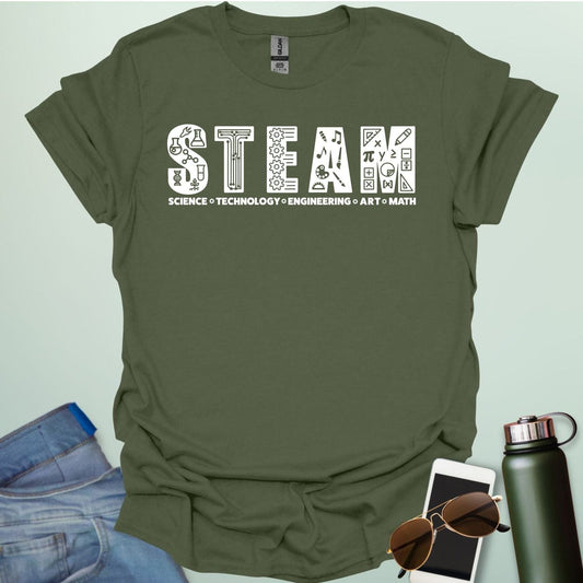 Military green tee with the word 'STEAM' with each letter filled with related icons, and the words 'SCIENCE TECHNOLOGY ENGINEERING ART MATH' below.