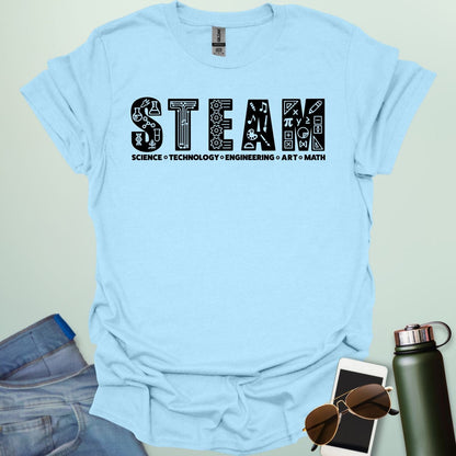 Light blue tee with the word 'STEAM' with each letter filled with related icons, and the words 'SCIENCE TECHNOLOGY ENGINEERING ART MATH' below.