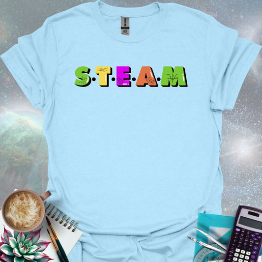 The word 'STEAM' in a colorful design, with small details and icons within each letter representing Science, Technology, Engineering, Art, and Math.