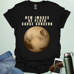 ‘New Images of Pluto Cause Concern’ space humor t-shirt with Pluto graphic — perfect for astronomy fans and geeks.